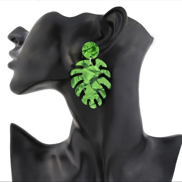Tropical Monstera Leaf “Mila” Bohemian Palm Tree Green Acrylic Summer Earrings - Picture 2 of 9